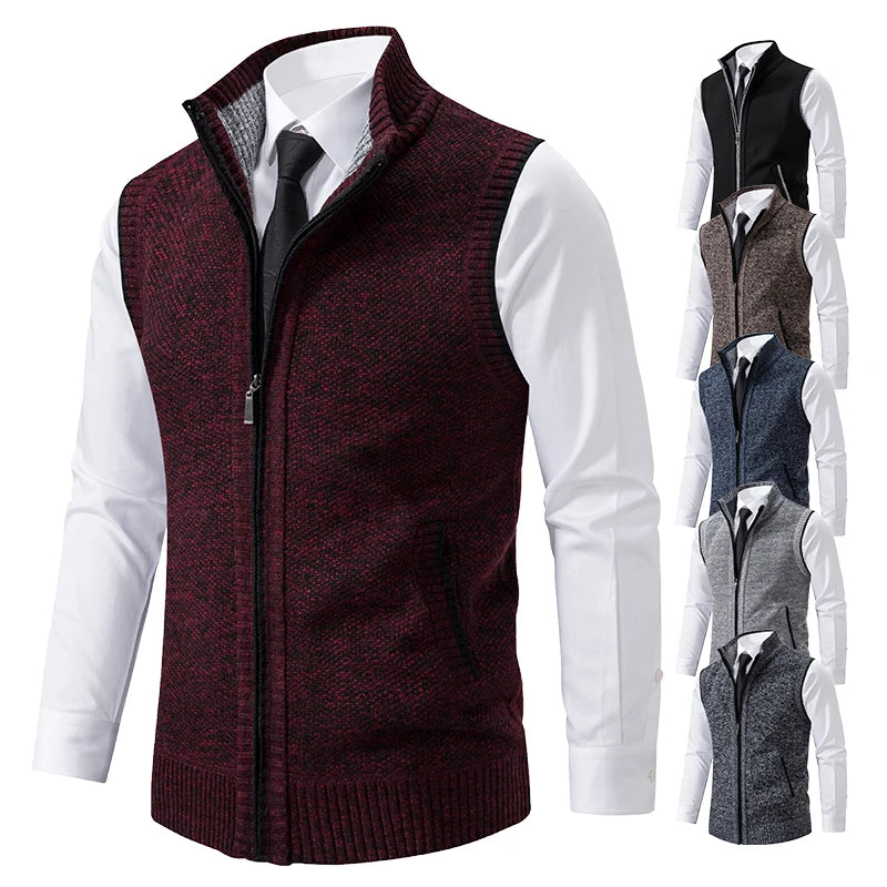 Light grey men's knitted vest with high collar, zipper closure, made of soft wool and velvet by Corporación Turística.