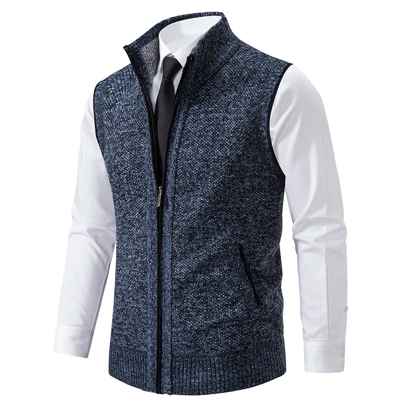 Light grey men's knitted vest with high collar, zipper closure, made of velvet and wool, by Corporación Turística.