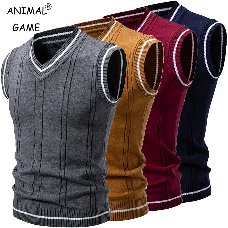 Navy woven V-neck men's vest by Corporación Turística featuring casual smart patchwork, slim fit, and comfortable fabric.