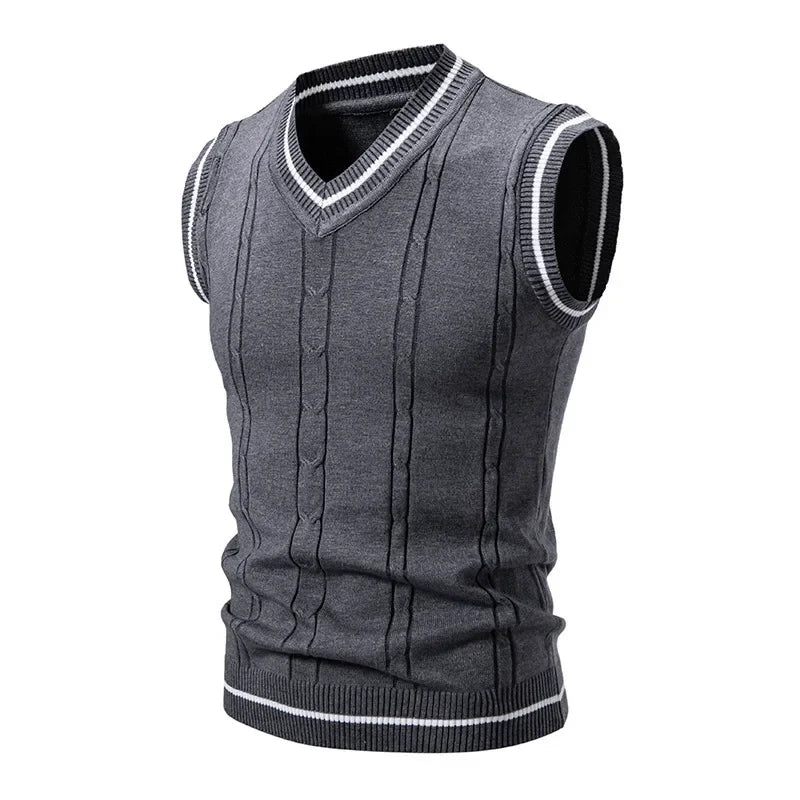Navy V-neck men's knitted vest by Corporación Turística, casual smart patchwork design, slim fit, size XXXL.