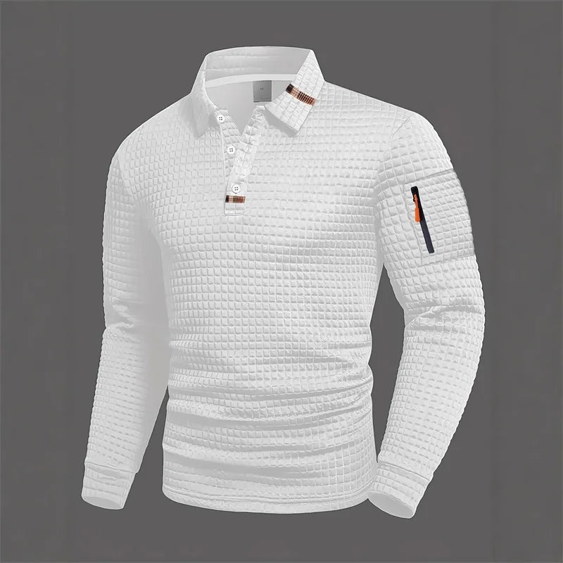 Long-sleeve men's polo shirt with white collar and zipper by Corporación Turística, suitable for spring and fall.