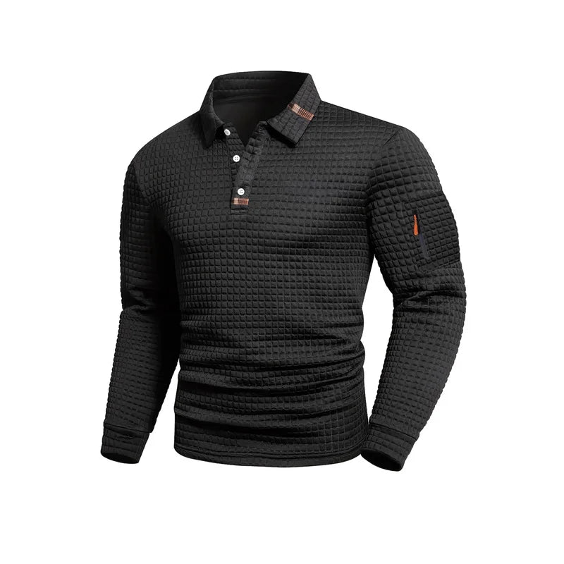 Long-sleeve men's polo shirt with white collar and zipper by Corporación Turística, suitable for spring and fall.