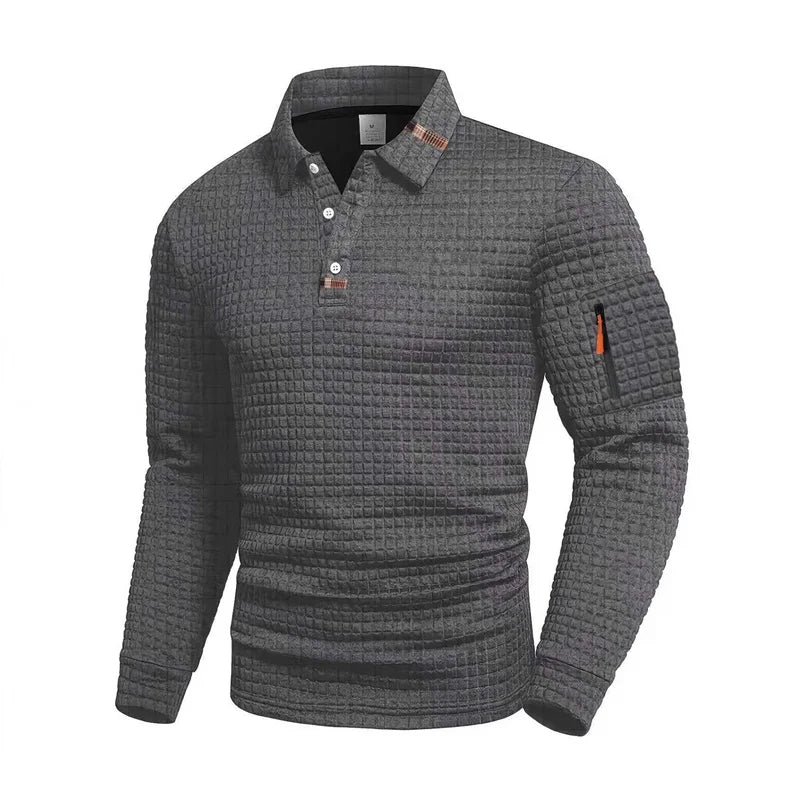 Long-sleeve men's polo shirt by Corporación Turística with white collar and zipper, ideal for spring and autumn.