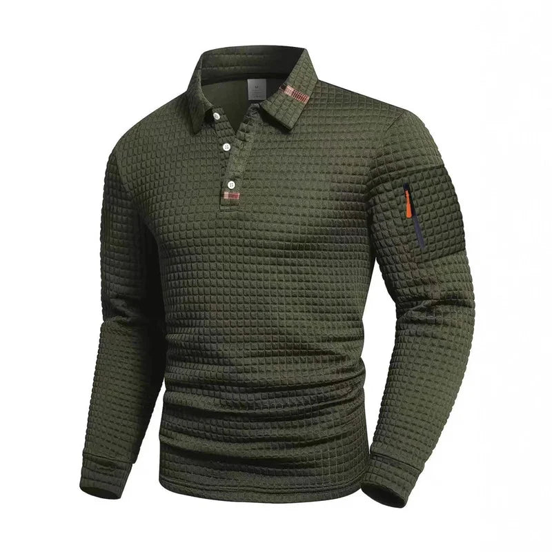 Long sleeve white polo shirt for men with zipper, from Corporación Turística, suitable for spring and autumn.