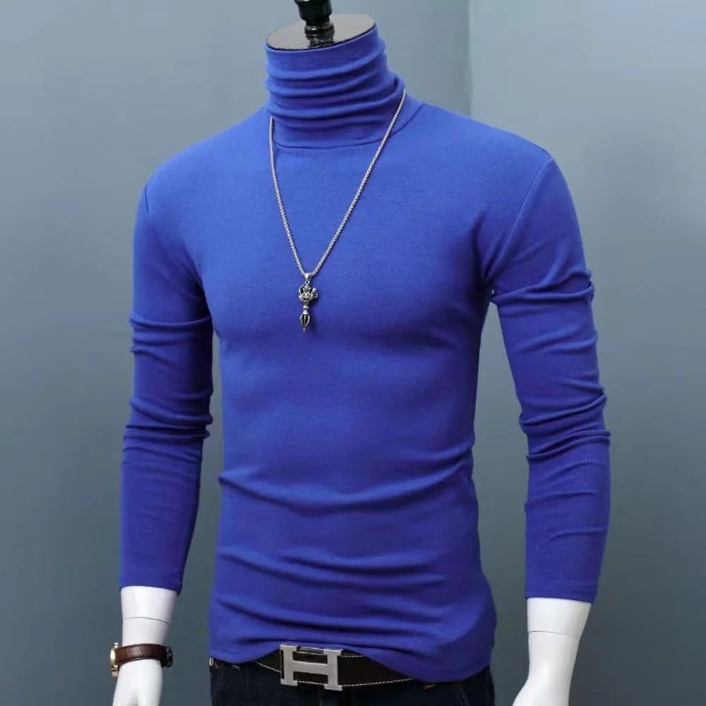 Black men's high-neck modal sweater by Corporación Turística, slim fit, casual winter clothing for men.