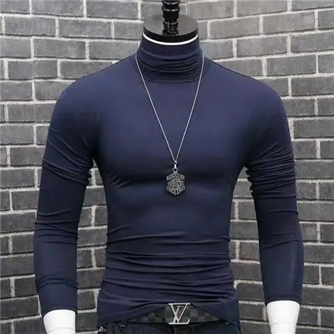 Men's black modal turtleneck sweater by Corporación Turística, slim fit casual winter shirt with high collar, suitable for cold weather.