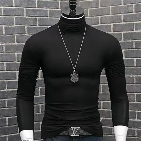 Black men's high neck modal sweater, slim fit casual winter sweater by Corporación Turística, perfect for cold weather.