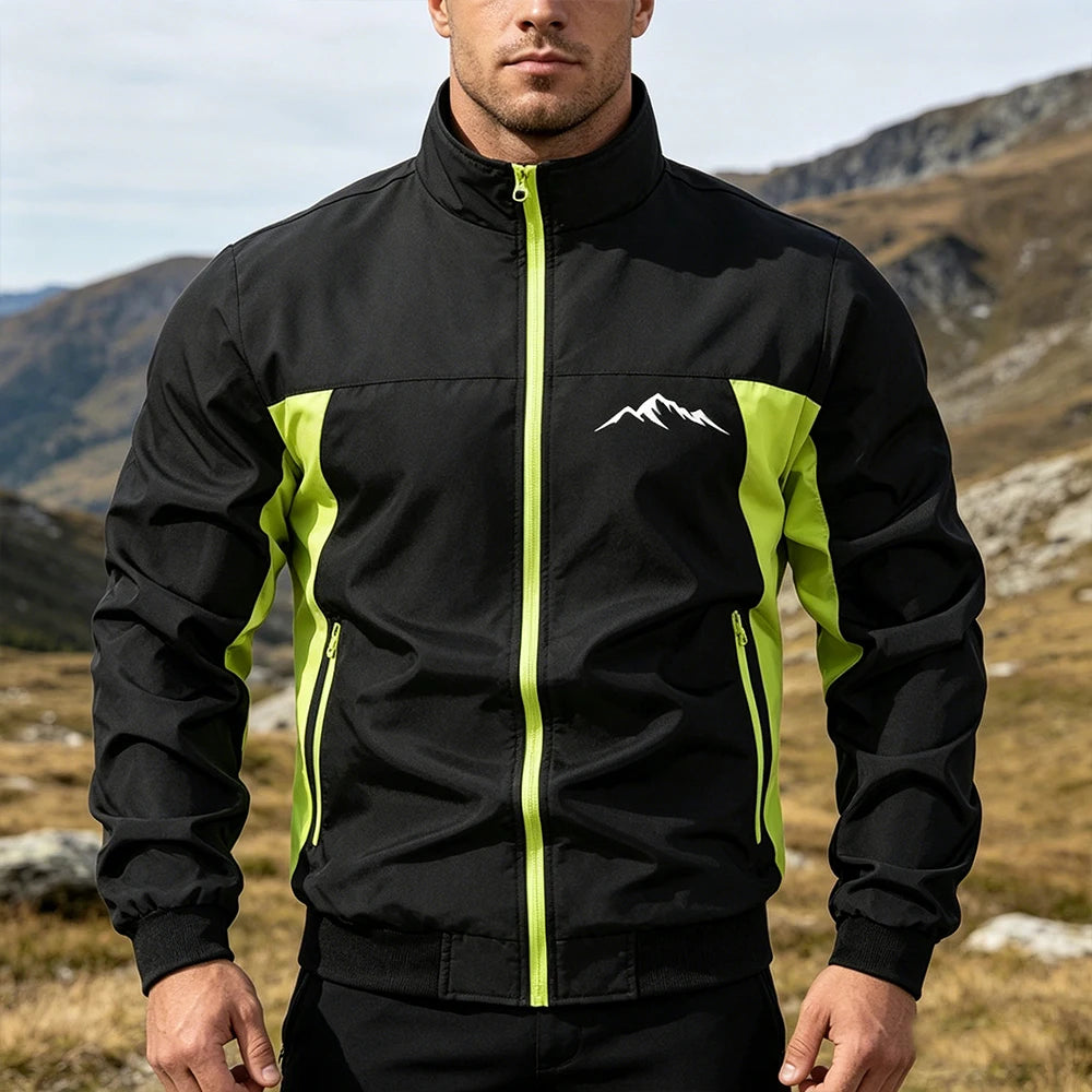 Navy and green men's windbreaker jacket by Corporación Turística, urban style, suitable for mountain hiking, gym, and running activities.