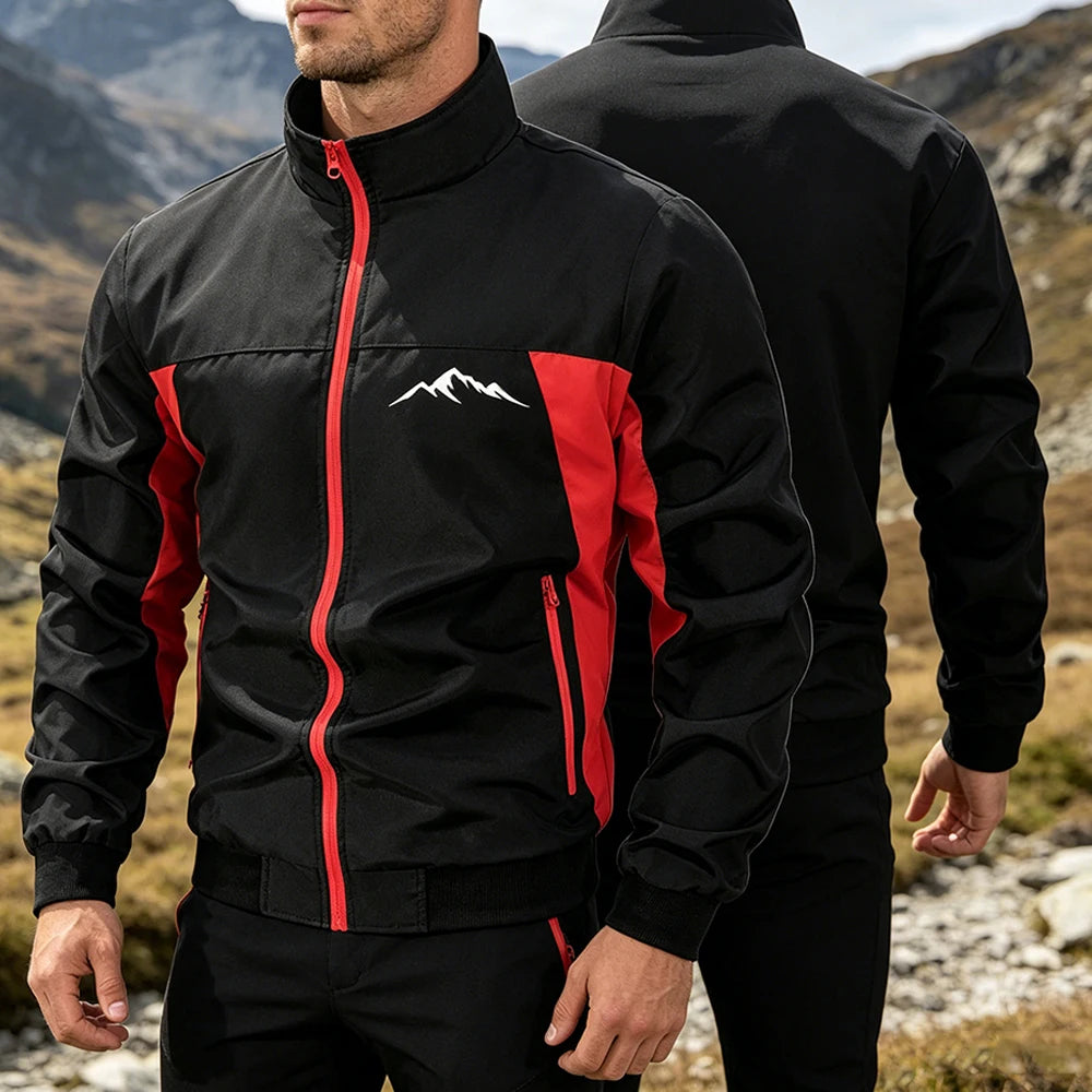 Navy and green men's windbreaker jacket by Corporación Turística, outdoor mountain style, suitable for urban gym and running.