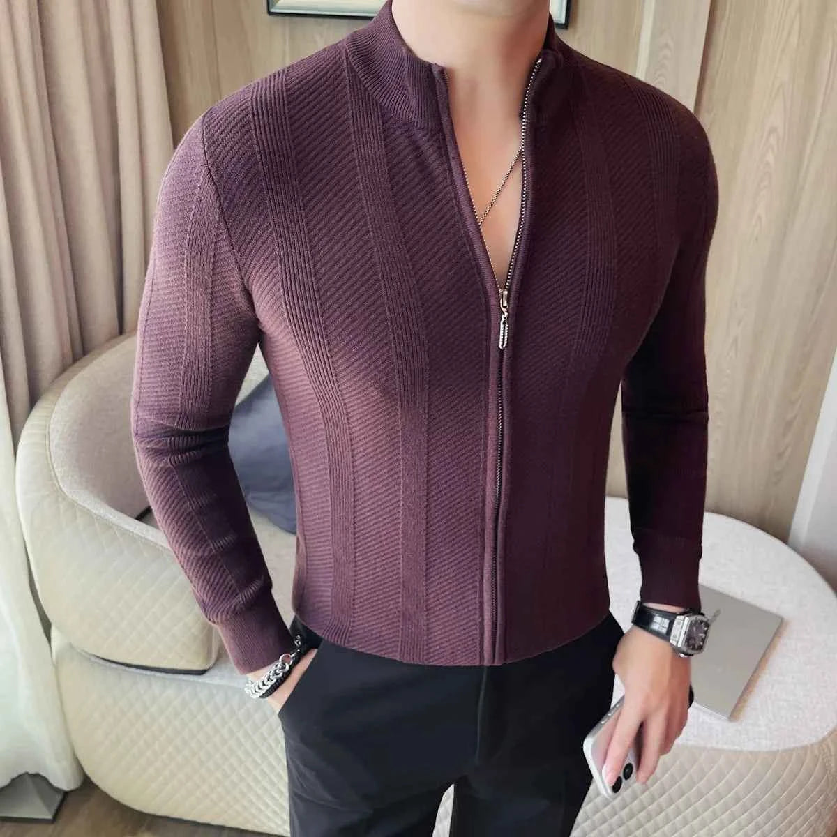 White men's winter cardigan sweater by Corporación Turística, cozy and stylish, perfect for layering in cold weather.