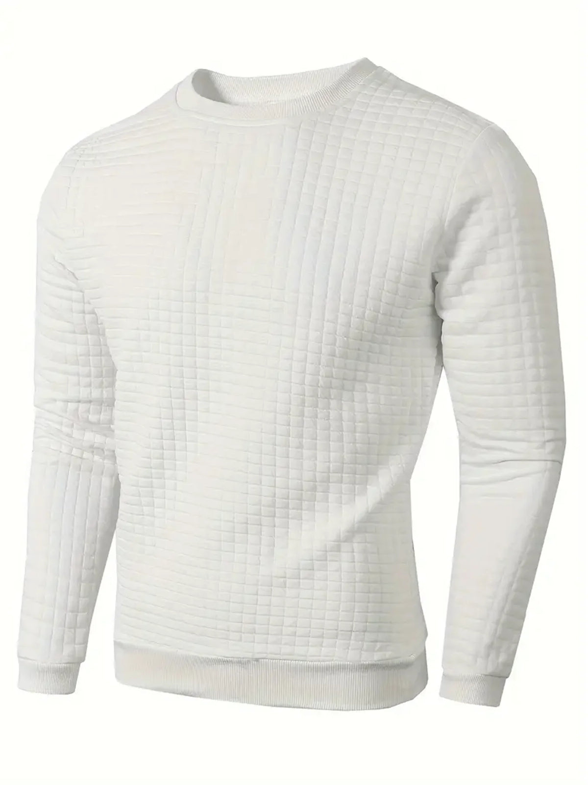 Light gray men's jacquard knit sweater with round neckline, warm fall clothing by Corporación Turística in a detailed close-up.