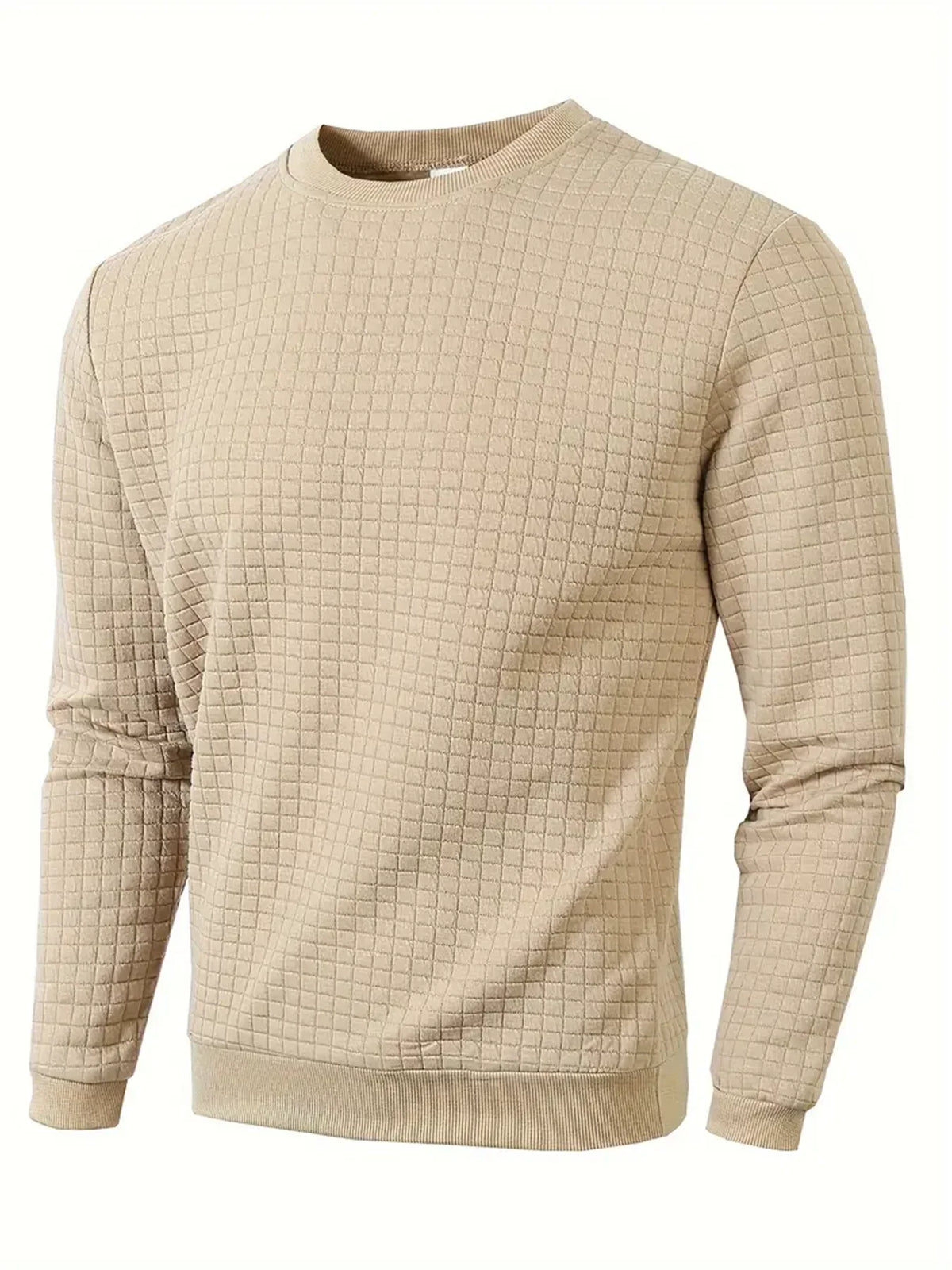 Light gray men's Jacquard knit sweater with round neckline, warm autumn sweater from Corporación Turística, soft and cozy fabric.