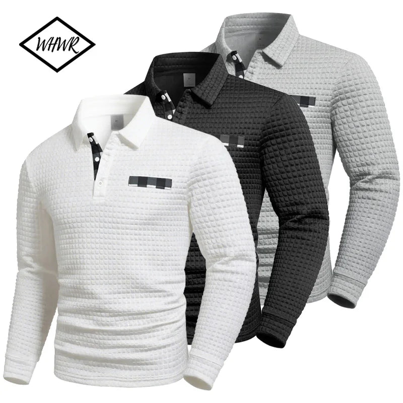 Black Jacquard Polo sweater with plaid pattern, textured grid design, ideal for spring and fall casual men's fashion.