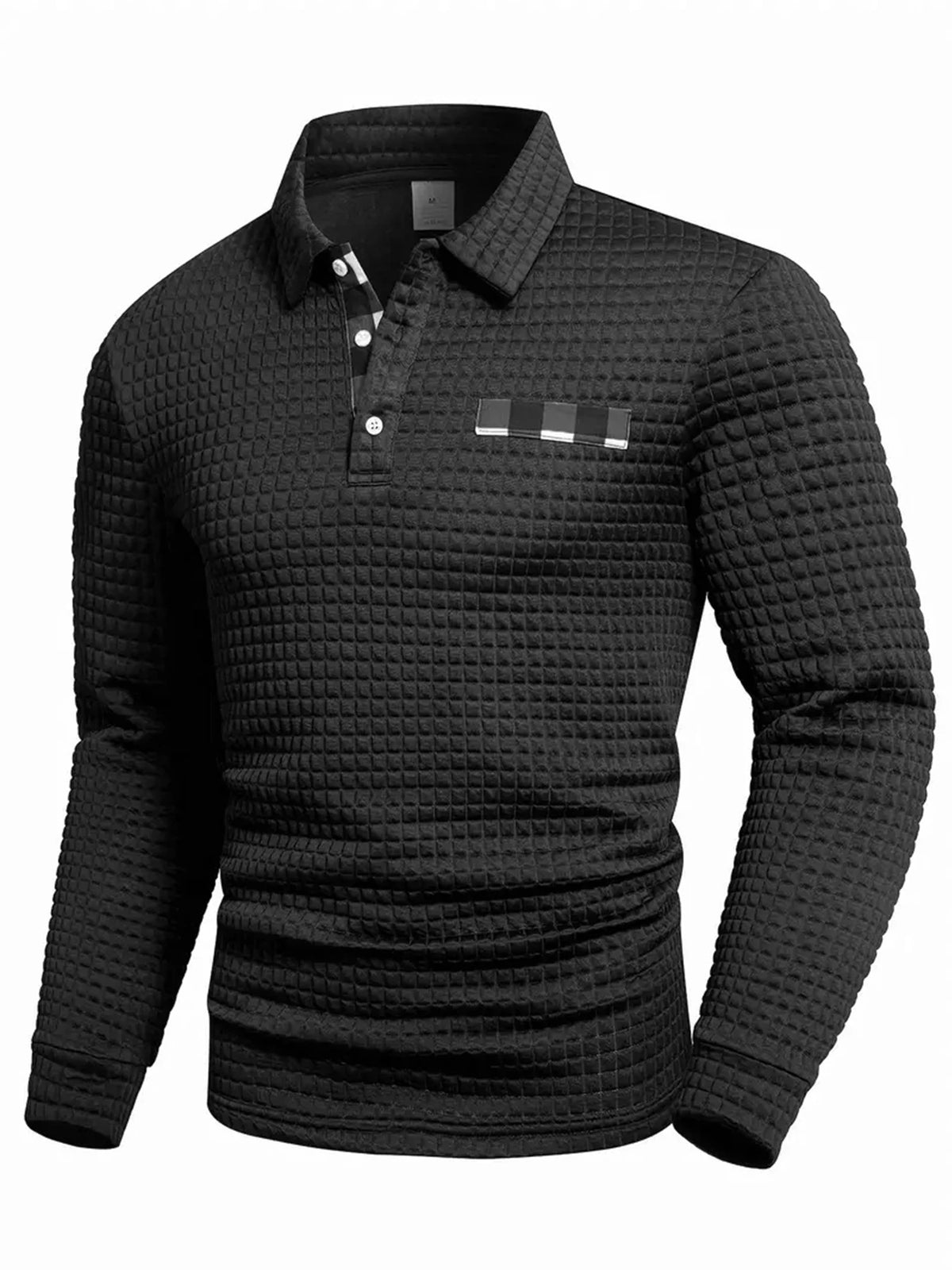 Black men's Jersey Jacquard Cuadros Polo sweater with textured grid pattern, suitable for spring and fall casual wear.