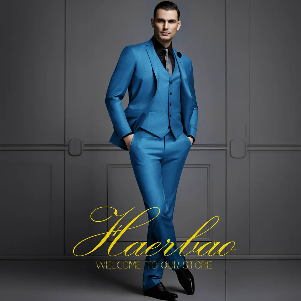 Men's 3-piece business suit by Corporación Turística with green jacket, pants, and vest, formal clothing for professional occasions.