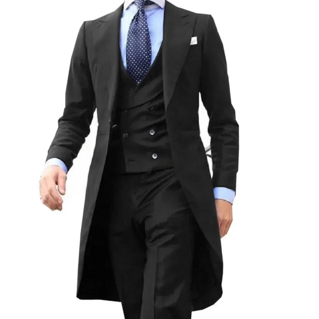 Wine red 3-piece men's suit with peak lapel, long tail, and formal design by Corporación Turística, shown on a hanger.