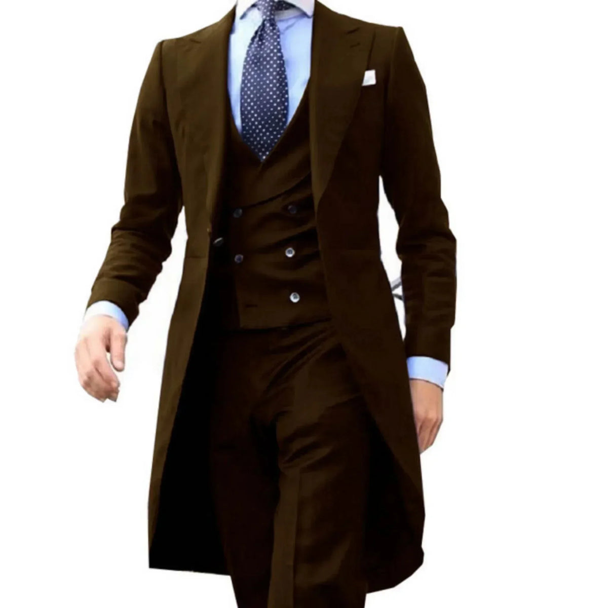 Wine red 3-piece men's formal suit with peak lapel and long tail from Corporación Turística, displayed on a plain background.