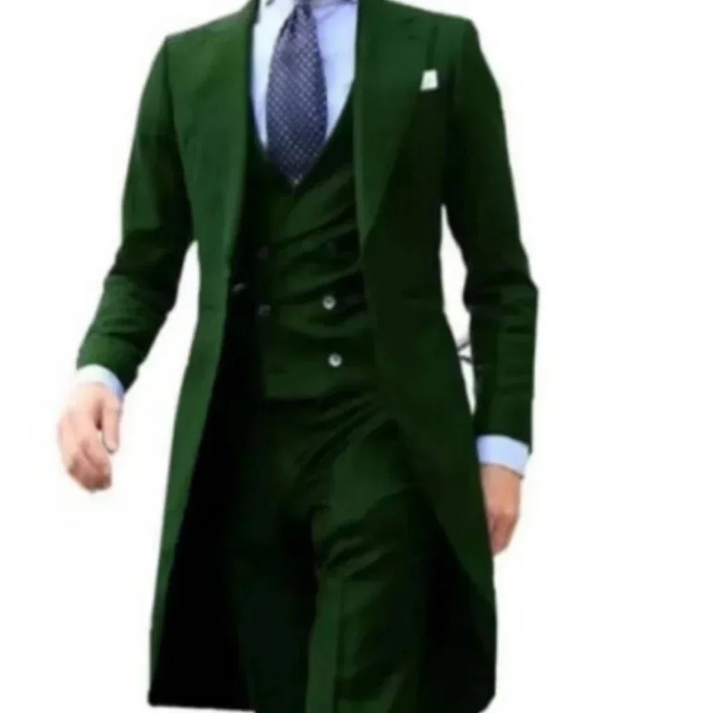 Wine red 3-piece men's formal suit with peak lapel and long tail, by Corporación Turística, shown on a mannequin.