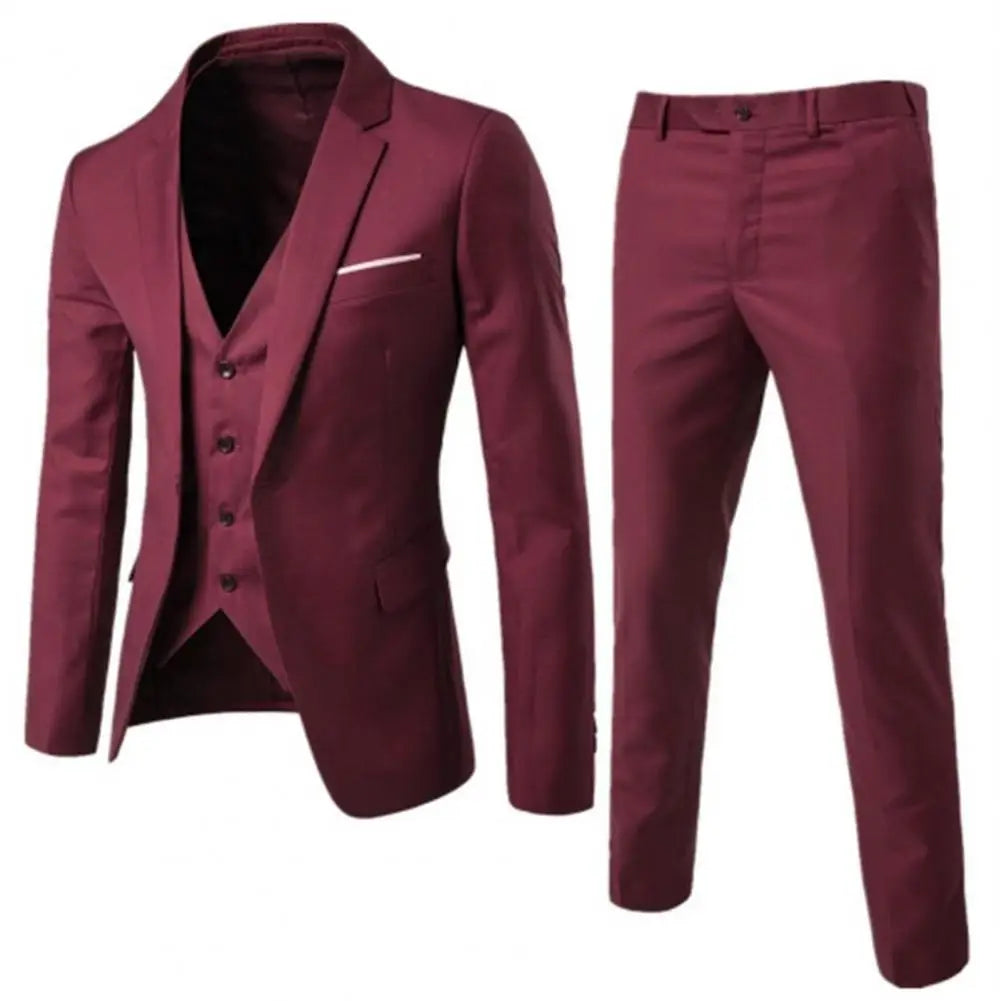 Blue men's formal 3-piece suit by Corporación Turística, stylish business attire with jacket, vest, and trousers.