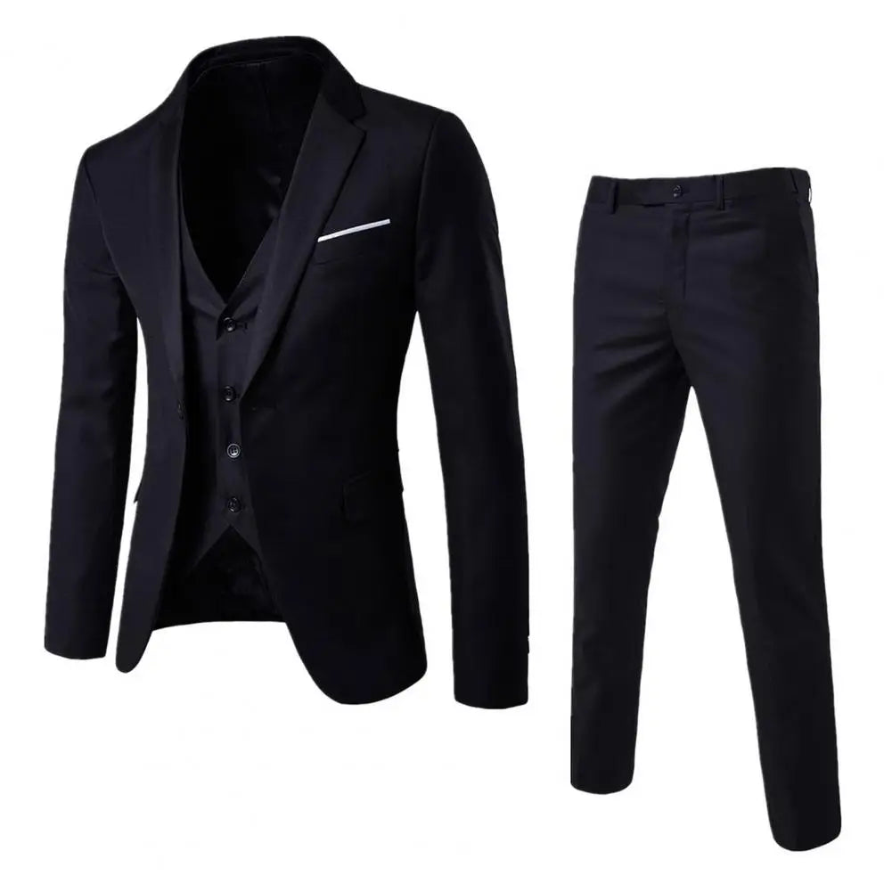 Blue men's formal 3-piece business suit by Corporación Turística, displayed laid out with jacket, vest, and trousers.