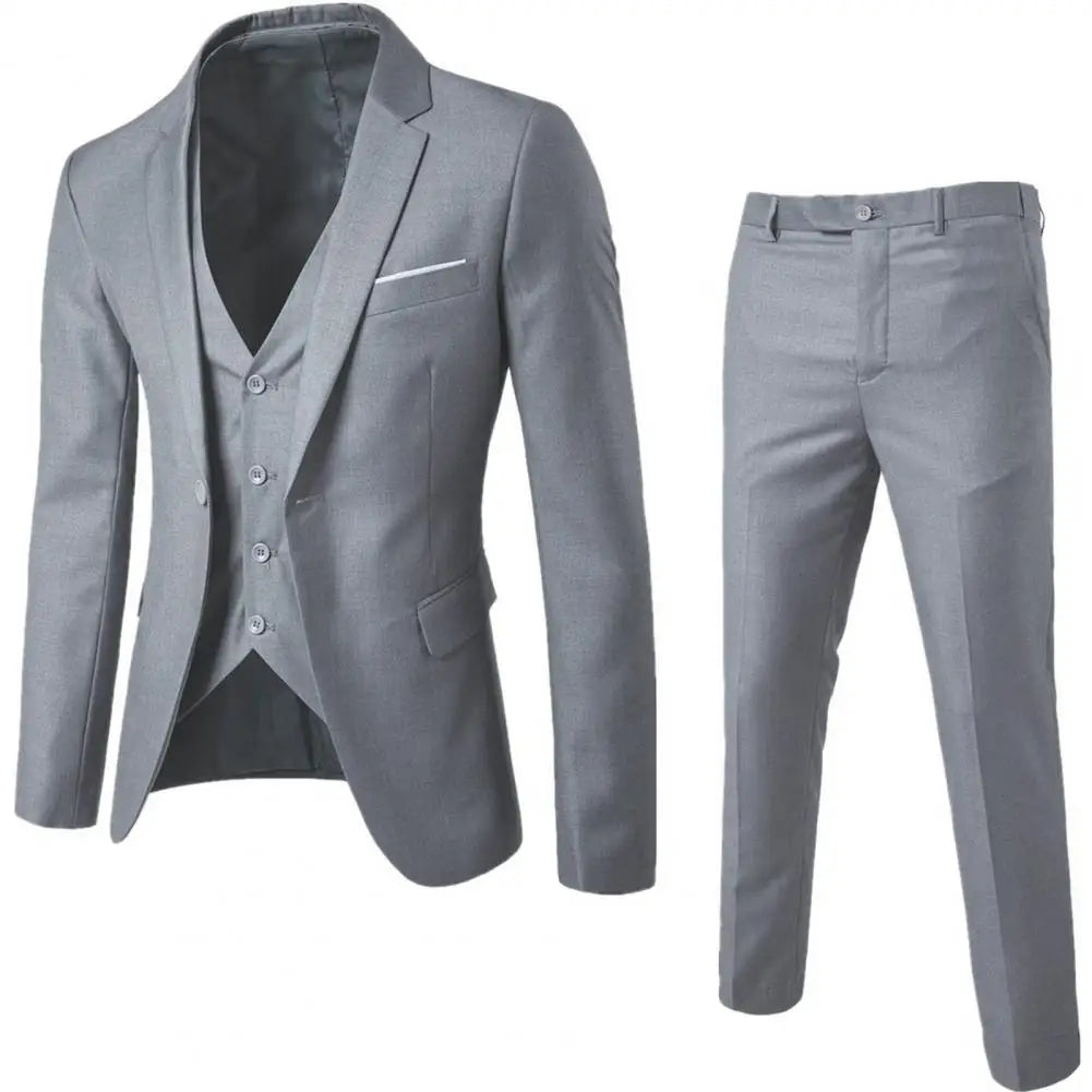 Blue men's formal 3-piece suit by Corporación Turística, stylish business attire with jacket, vest, and trousers.