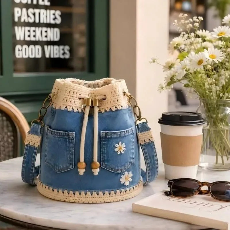 Pink denim shoulder bag with crochet weaving and cord strap, stylish and handmade by Corporación Turística.