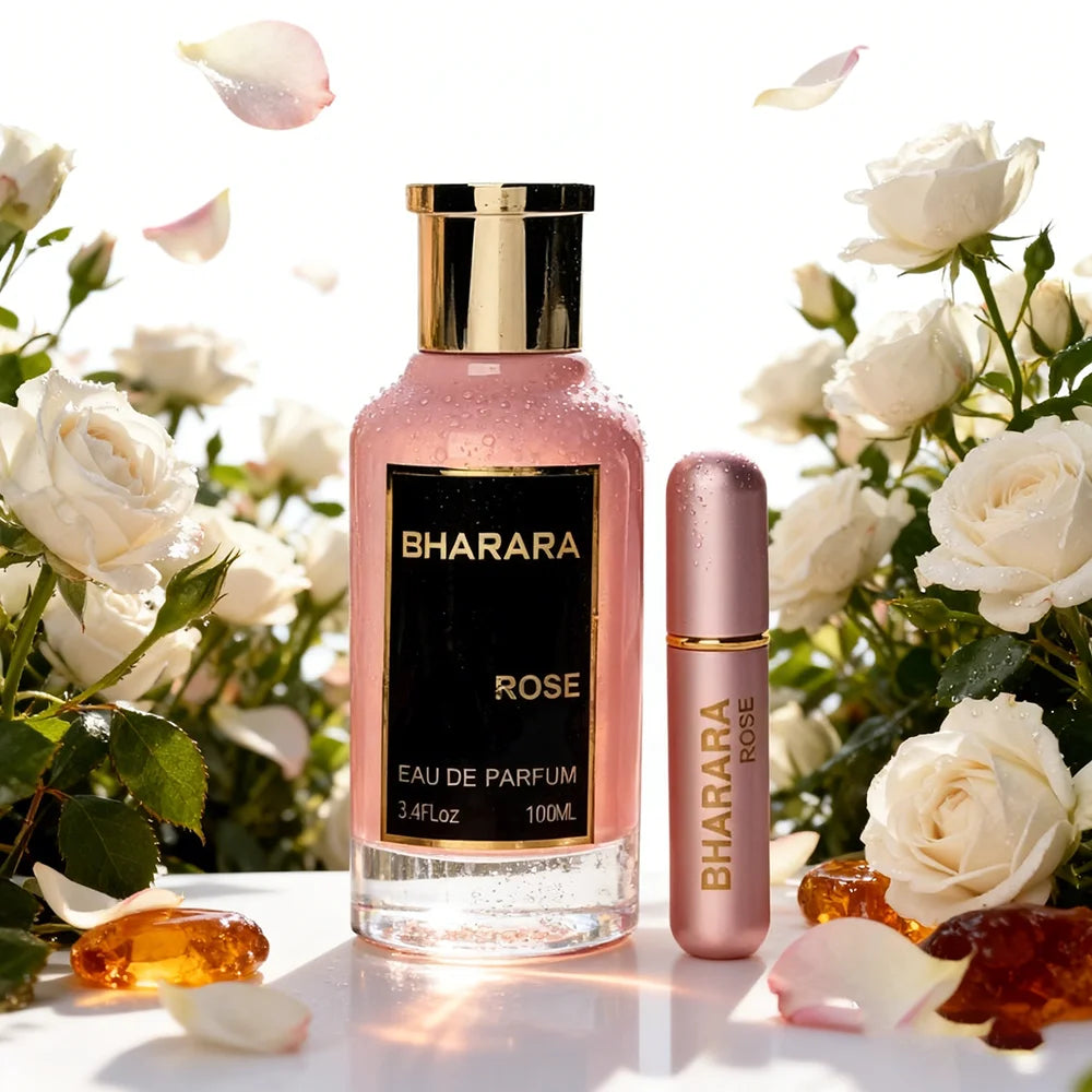 Bharara Rose Eau de Parfum for Women by Corporación Turística, 100ml floral fragrance bottle with pink and gold accents.