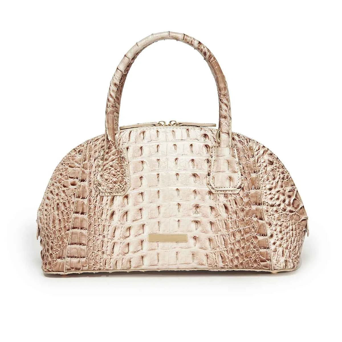 Pink crossbody bag with a dome-shaped top handle, designed for women, featuring a sleek and stylish look.