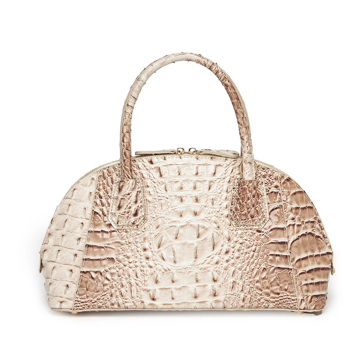 Pink crossbody bag with a dome-shaped top handle, designed for women, featuring a sleek and stylish look.