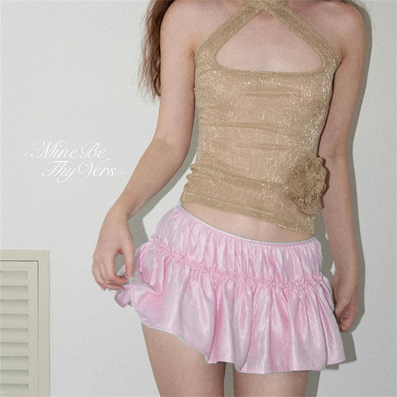 Pink elegant women's skirt with ruffles, summer Y2K fashion, by Corporación Turística, perfect for stylish summer outfits.