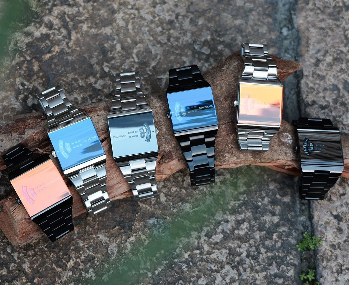 Digital men's square wristwatch by Corporación Turística with a pink band and modern design, showcasing a sleek digital display.