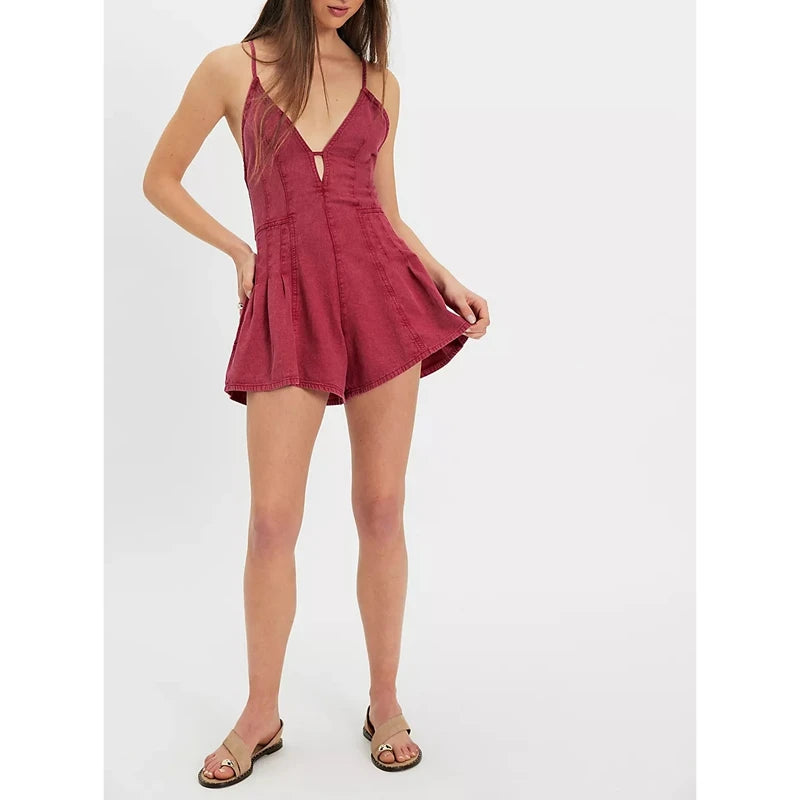 Pink retro Y2K denim short jumpsuit for women with cue design, featuring a stylish summer look.