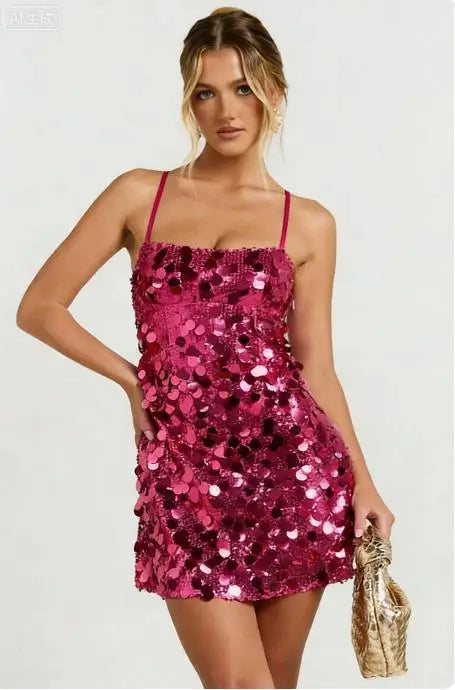 Mini shiny dress for women with embroidered sequins by Corporación Turística, featuring a vibrant pink color and stylish fit.