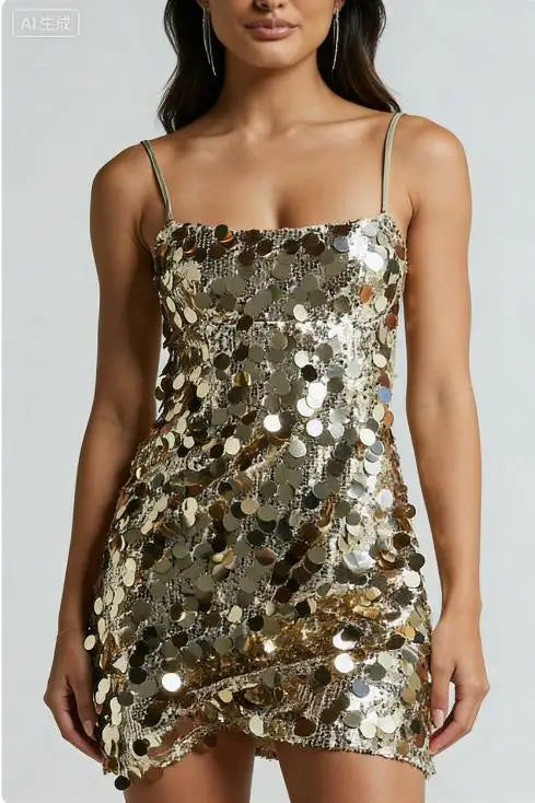 Mini dress for women with embroidered sequins, shiny pink fabric, sleeveless, stylish and festive attire by Corporación Turística.