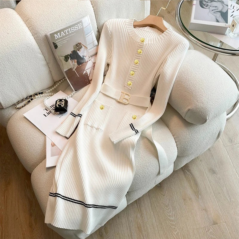 Pink knit dress for women by YuooMuoo, featuring a cozy autumn-winter style, with a comfortable, fitted design.