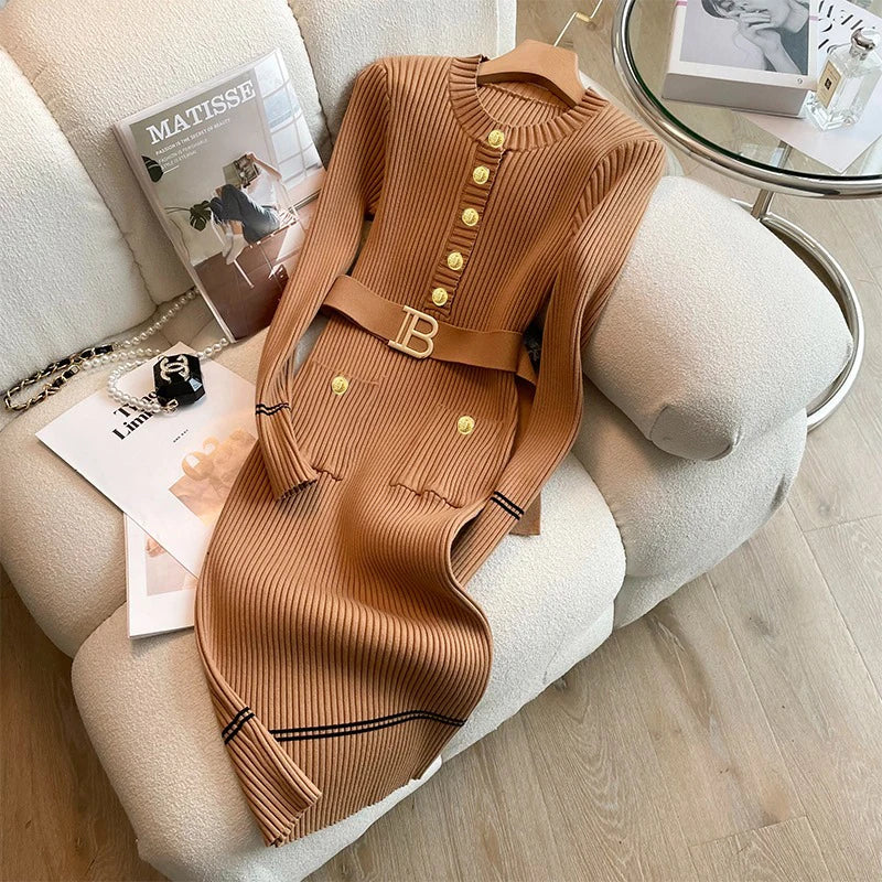 Pink YuooMuoo women's knit dress for fall and winter, featuring a cozy, fitted design with long sleeves and ribbed texture.