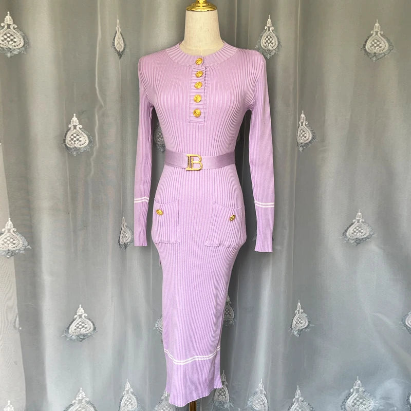 Pink women's knit dress by YuooMuoo for fall winter, featuring a cozy, fitted design perfect for autumn and winter wear.