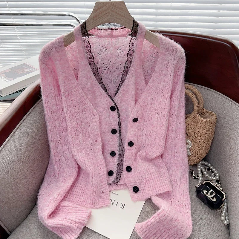 Pink cardigan with buttons and faux two-piece sweater top from Corporación Turística, casual layered clothing for women.