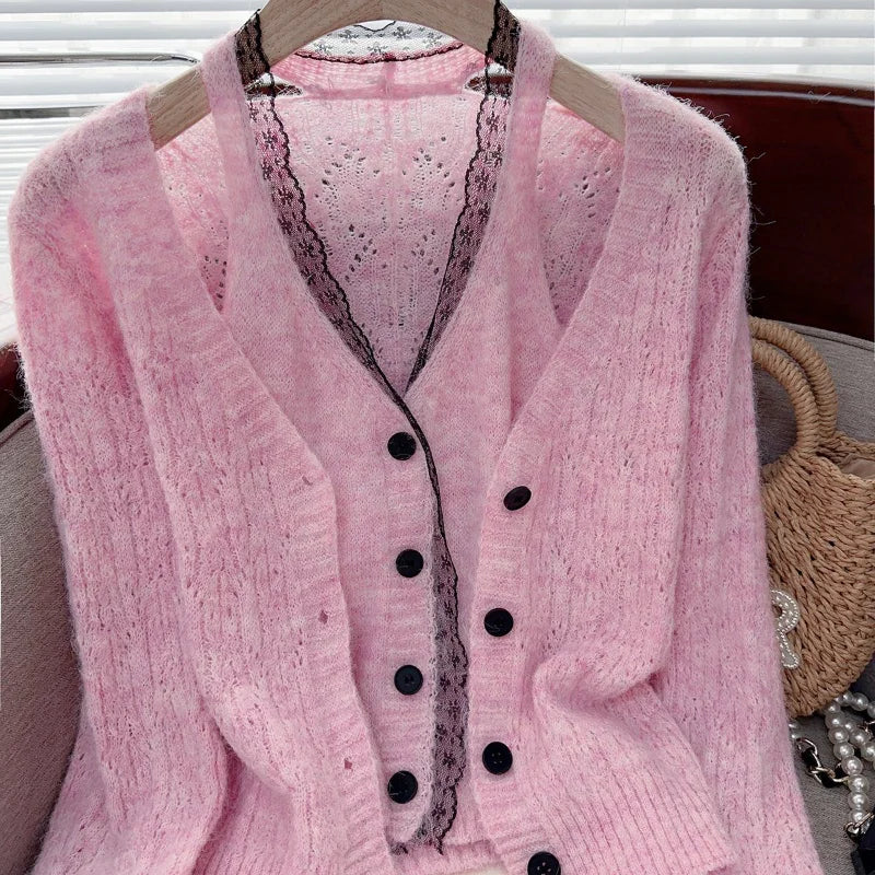 Pink cardigan with buttons and faux two-piece sweater set, featuring a top and layered design, from Corporación Turística.