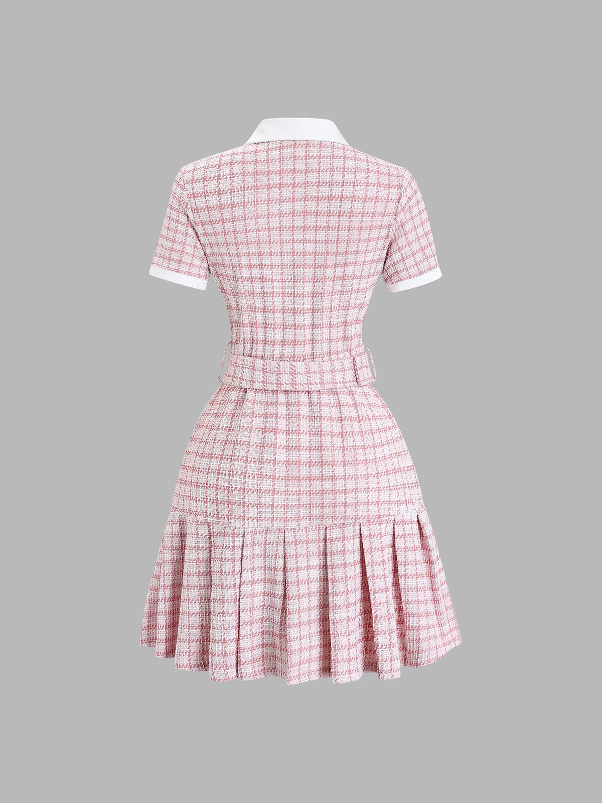 Pink plaid women's minivestido with short sleeves and belt, made by Corporación Turística, shown on a model.