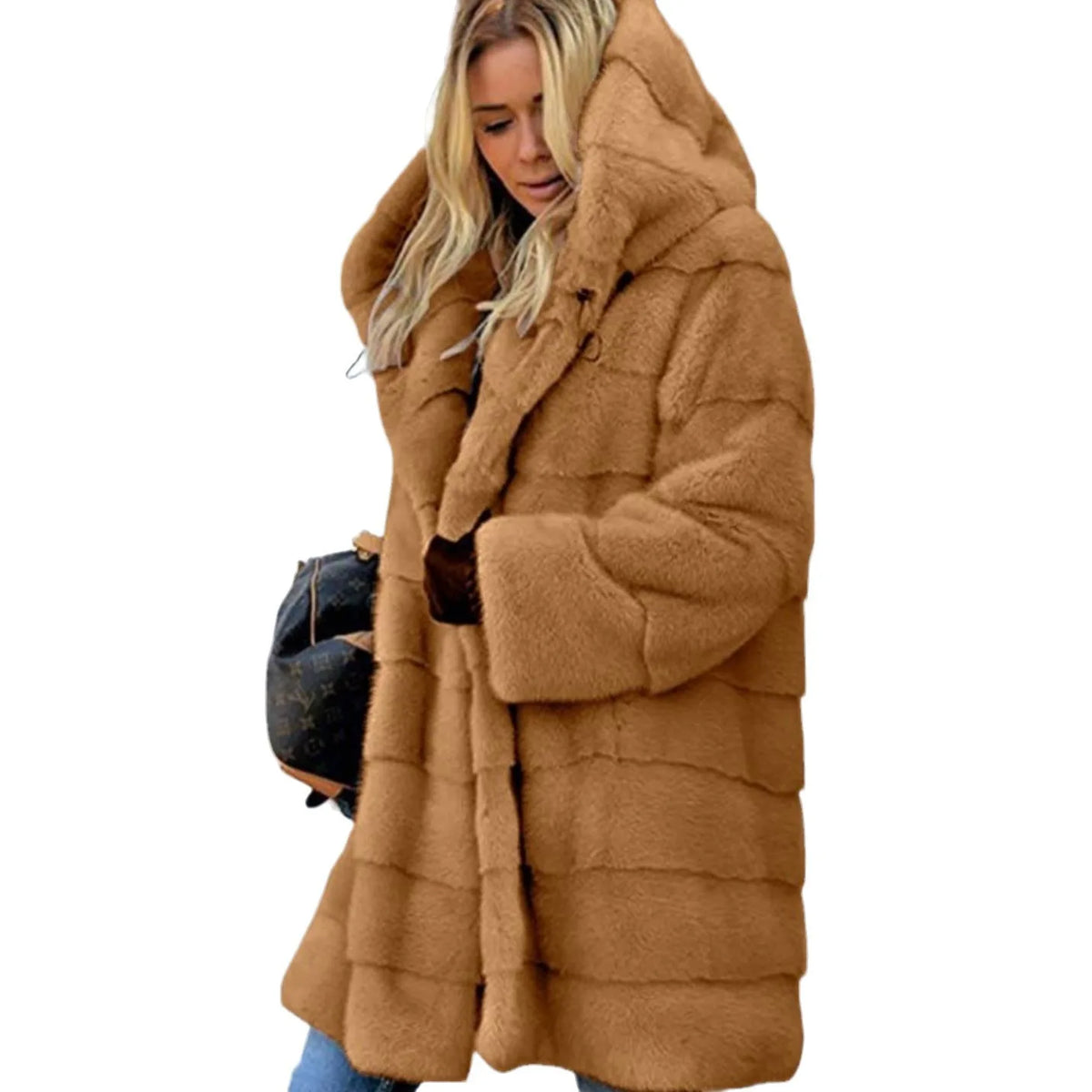 Pink women's synthetic fur warm coat by Corporación Turística, featuring a cozy, plush design with a hood and long sleeves.