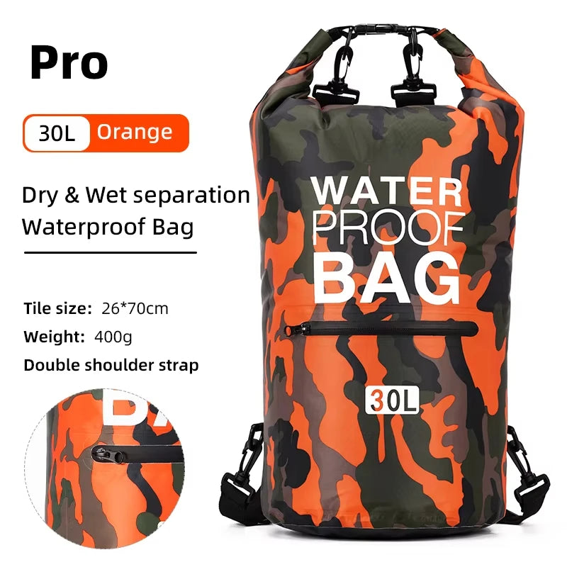 PVC swimming gear package with dry backpack for women and men, by Corporación Turística, featuring a rose-colored 30L waterproof bag.