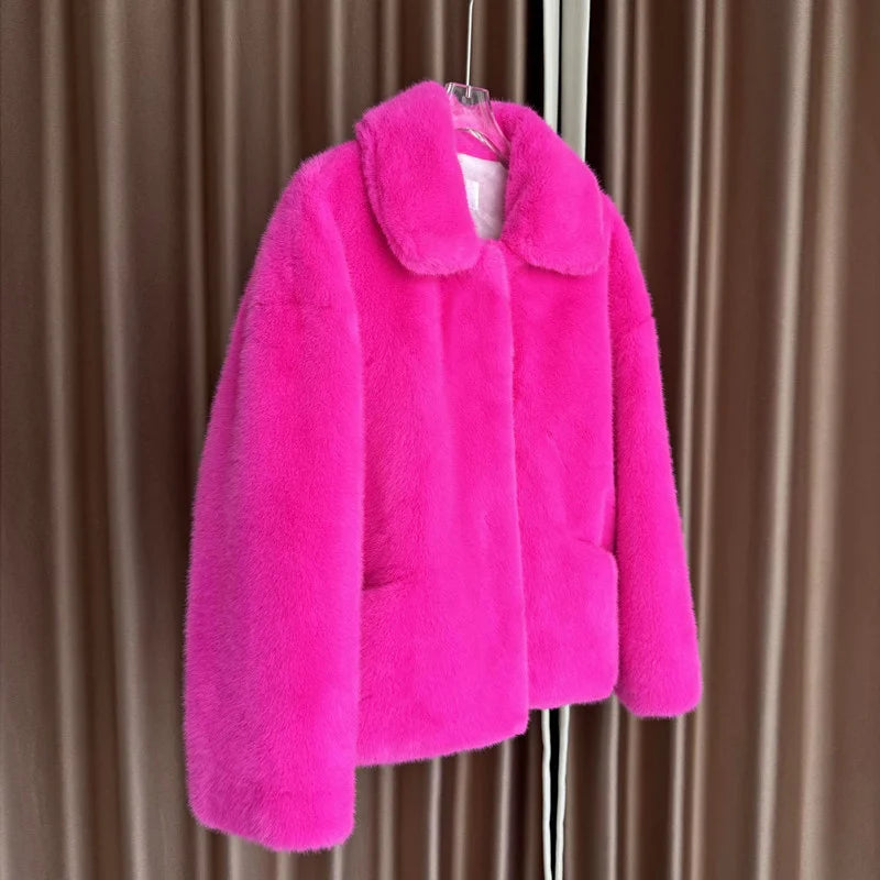 Rose pink women's winter coat 2025 by Corporación Turística, featuring a stylish Korean-inspired design and warm, cozy fabric.