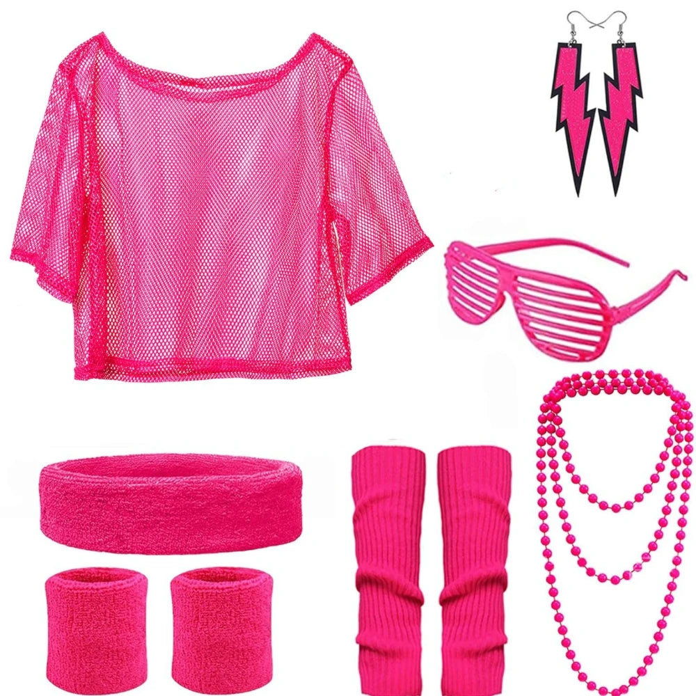 Hippie costume set from the 80s with a short top, featuring colorful patterns and bohemian style, perfect for retro-themed parties.