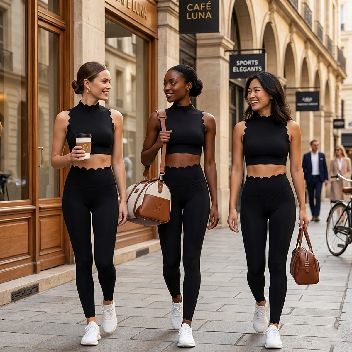 Rose-colored high-waist leggings and sleeveless top set by Corporación Turística, shown laid flat with stretchy fabric details.