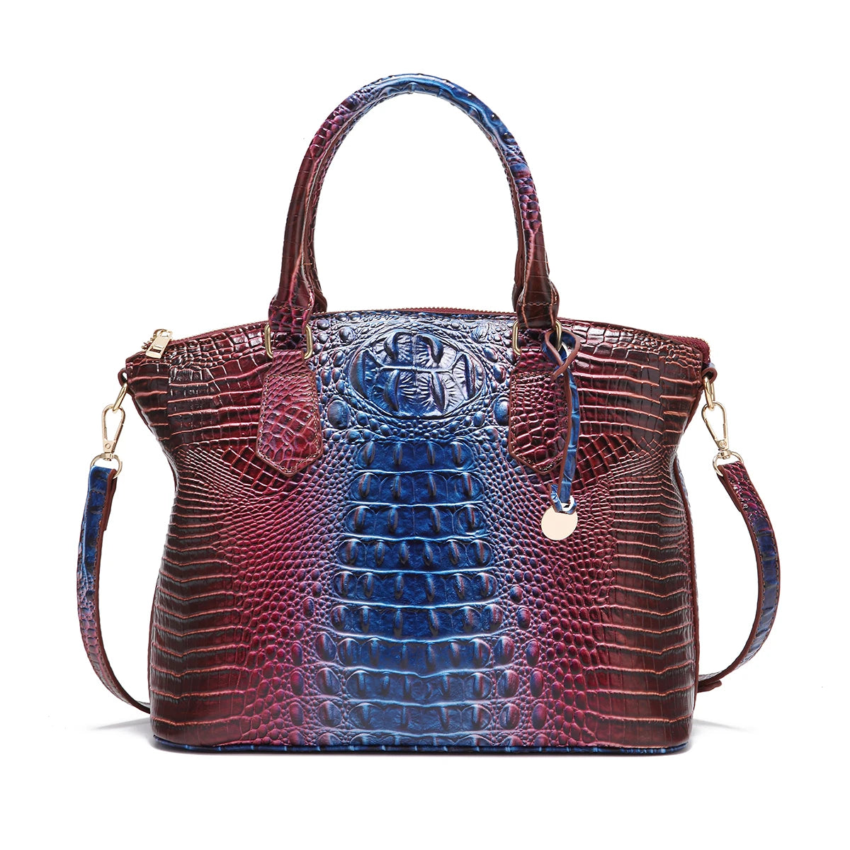 Royal blue and magenta women's tote bag with embossed design, convertible style, from Corporación Turística.