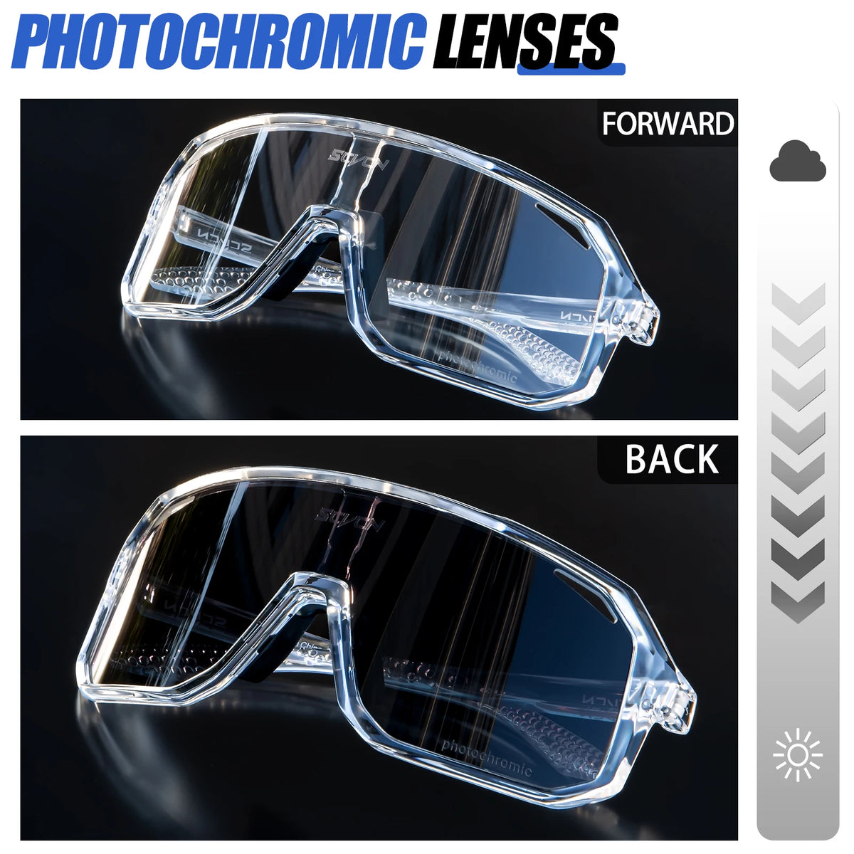 Photochromic cycling glasses SCVCN by Corporación Turística with tinted lenses, designed for outdoor sports and cycling activities.