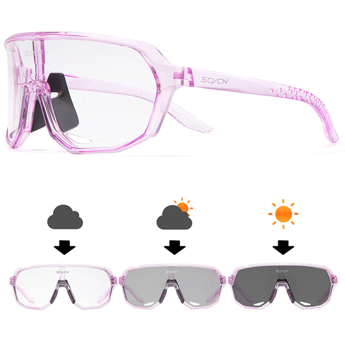 Photochromic cycling glasses SCVCN by Corporación Turística with adjustable lenses for outdoor biking and sports use.