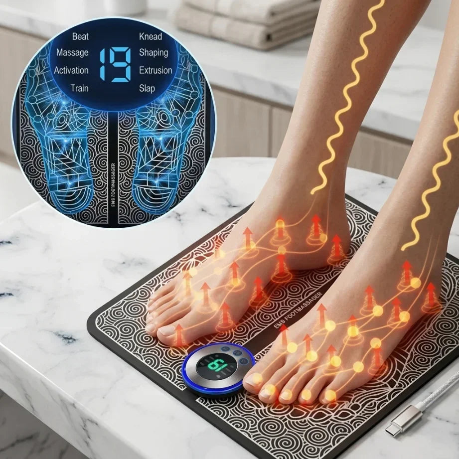 Black foot massage pad by Corporación Turística, designed to relax and relieve foot pain with EMS therapy.