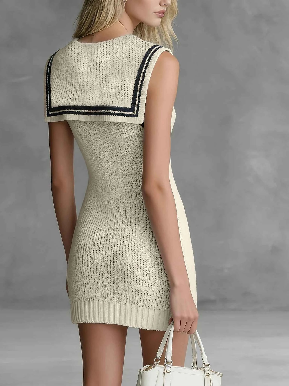 Juvenile short dress with sailor collar and bow in block colors, by Corporación Turística, shown on a model.